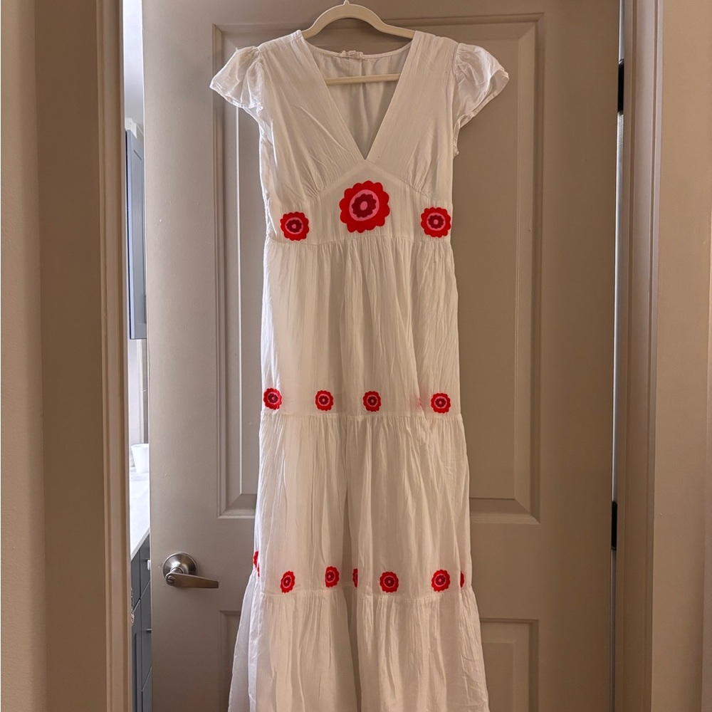 NICOLI White Maxi Dress with Red Floral Design
